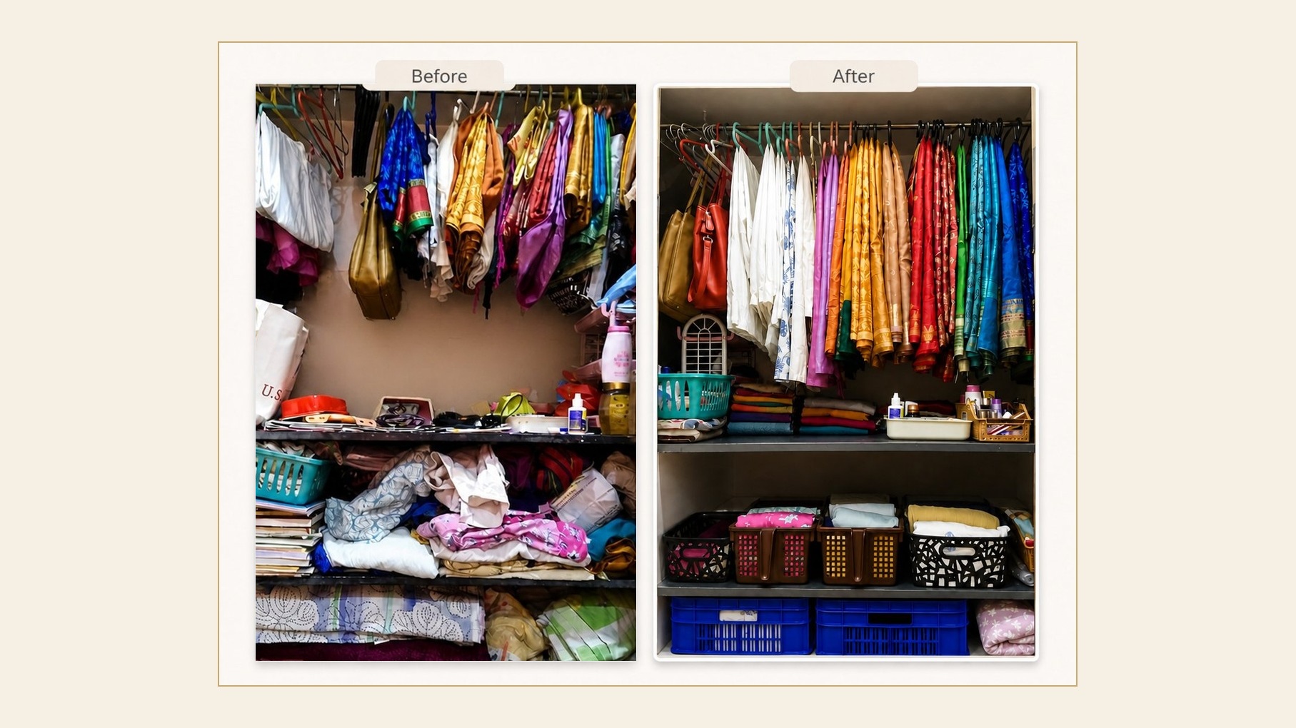 Before and after wardrobe transformation — my mother's wardrobe, Mother's Day 2022, Bhopal