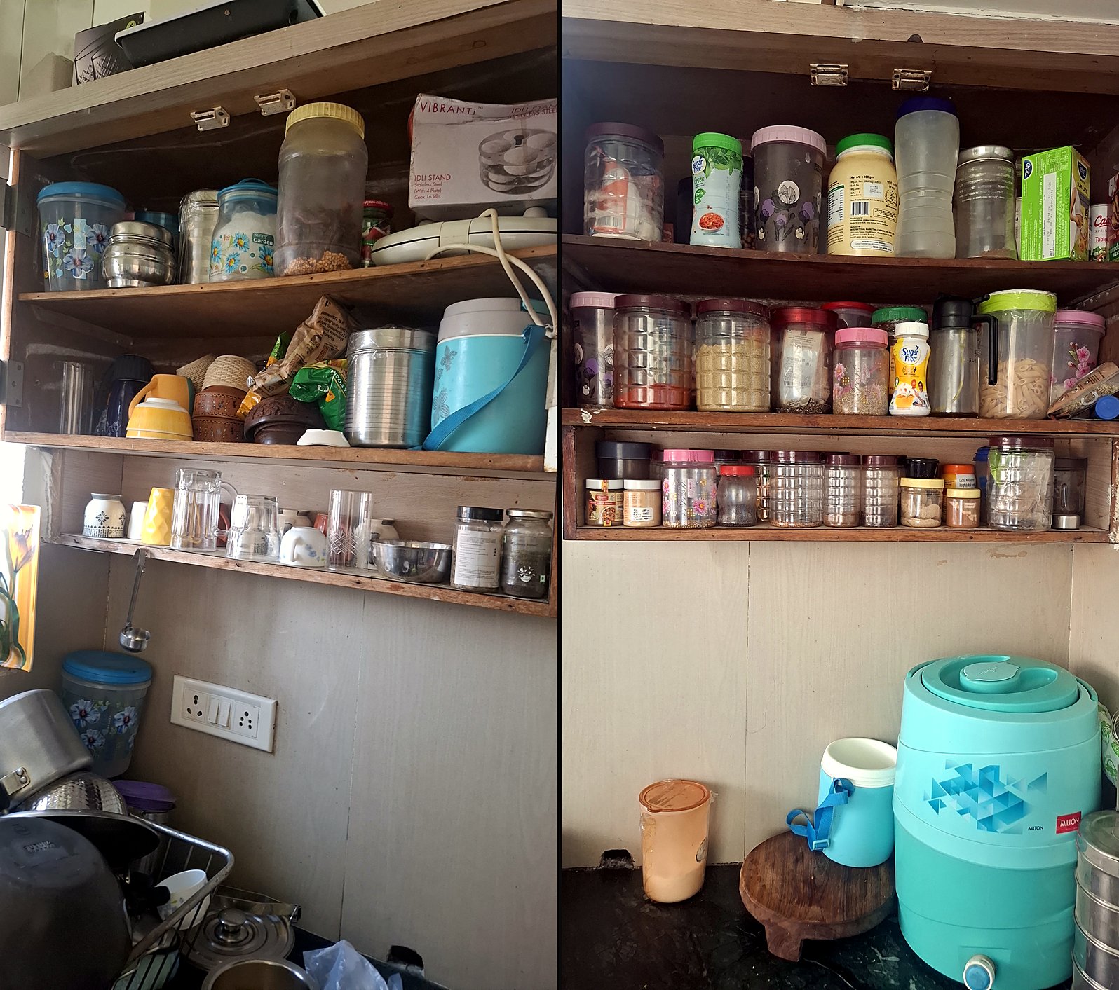 Kitchen before professional organizing — cluttered open shelves and overflowing cabinets with mismatched jars, loose packets and dry goods, Tulsi Nagar Indore